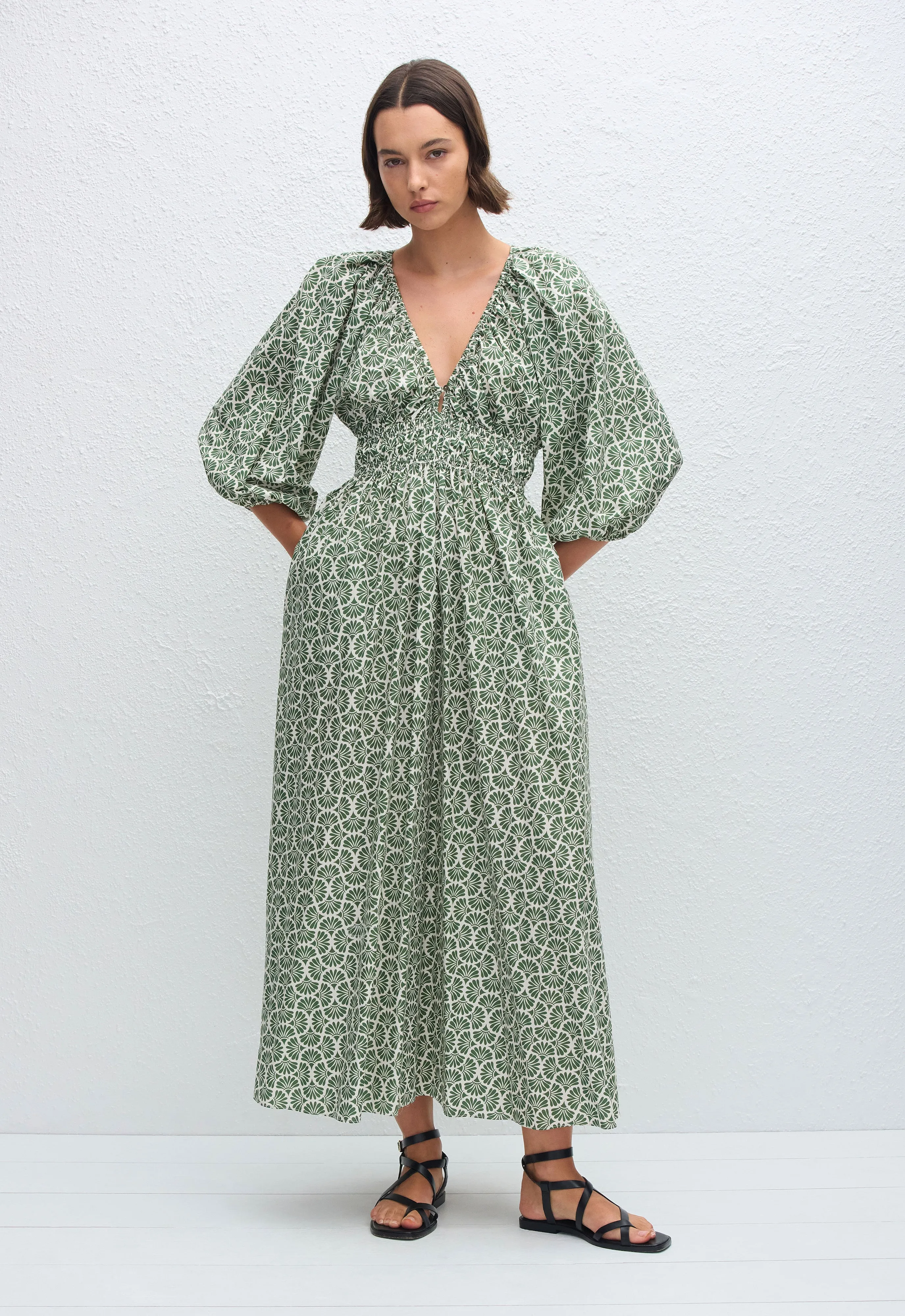 Shirred Plunge Button Dress - Vetiver sold by Matteau
