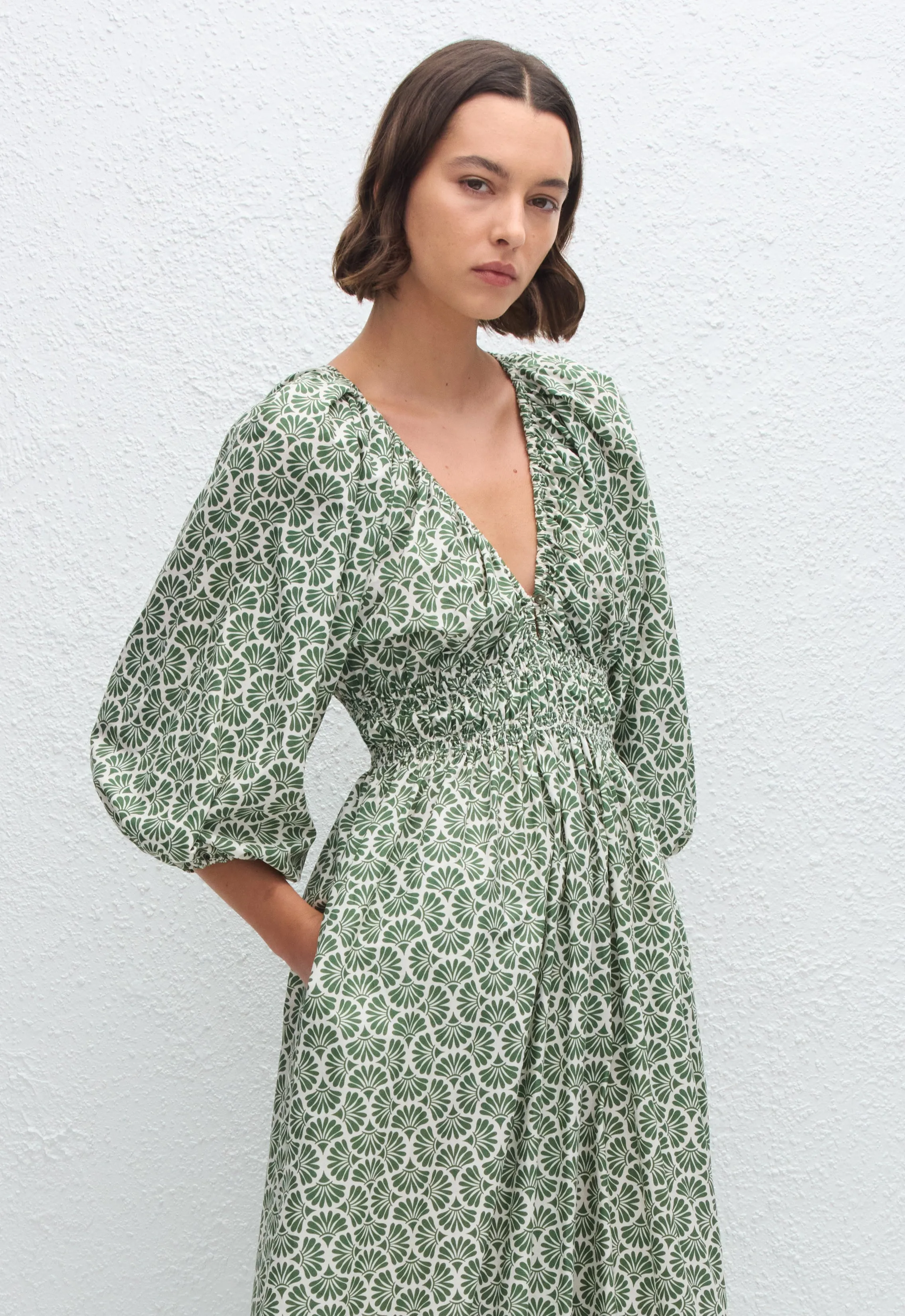 Shirred Plunge Button Dress - Vetiver sold by Matteau product image thumbnail 3