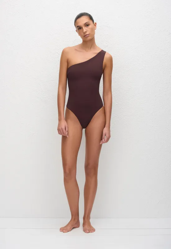 Asymmetric Maillot - Aubergine Crinkle sold by Matteau