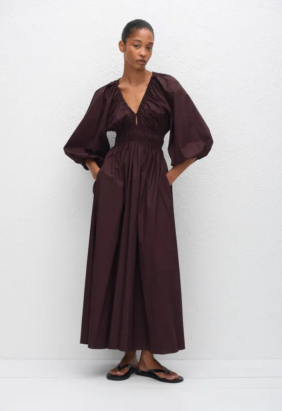 Shirred Plunge Button Dress - Aubergine sold by Matteau