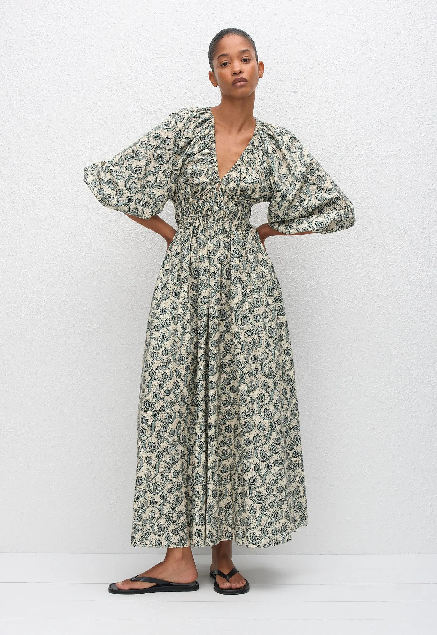 Shirred Plunge Button Dress - Vine sold by Matteau