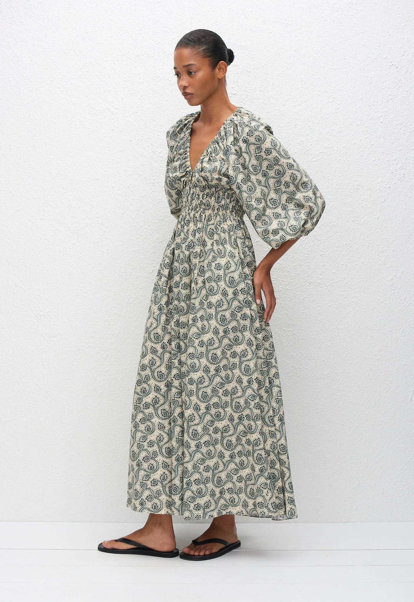 Shirred Plunge Button Dress - Vine sold by Matteau product image thumbnail 3