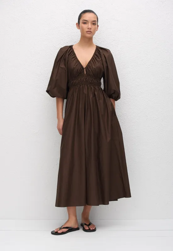 Shirred Plunge Button Dress - Chocolate made by Matteau