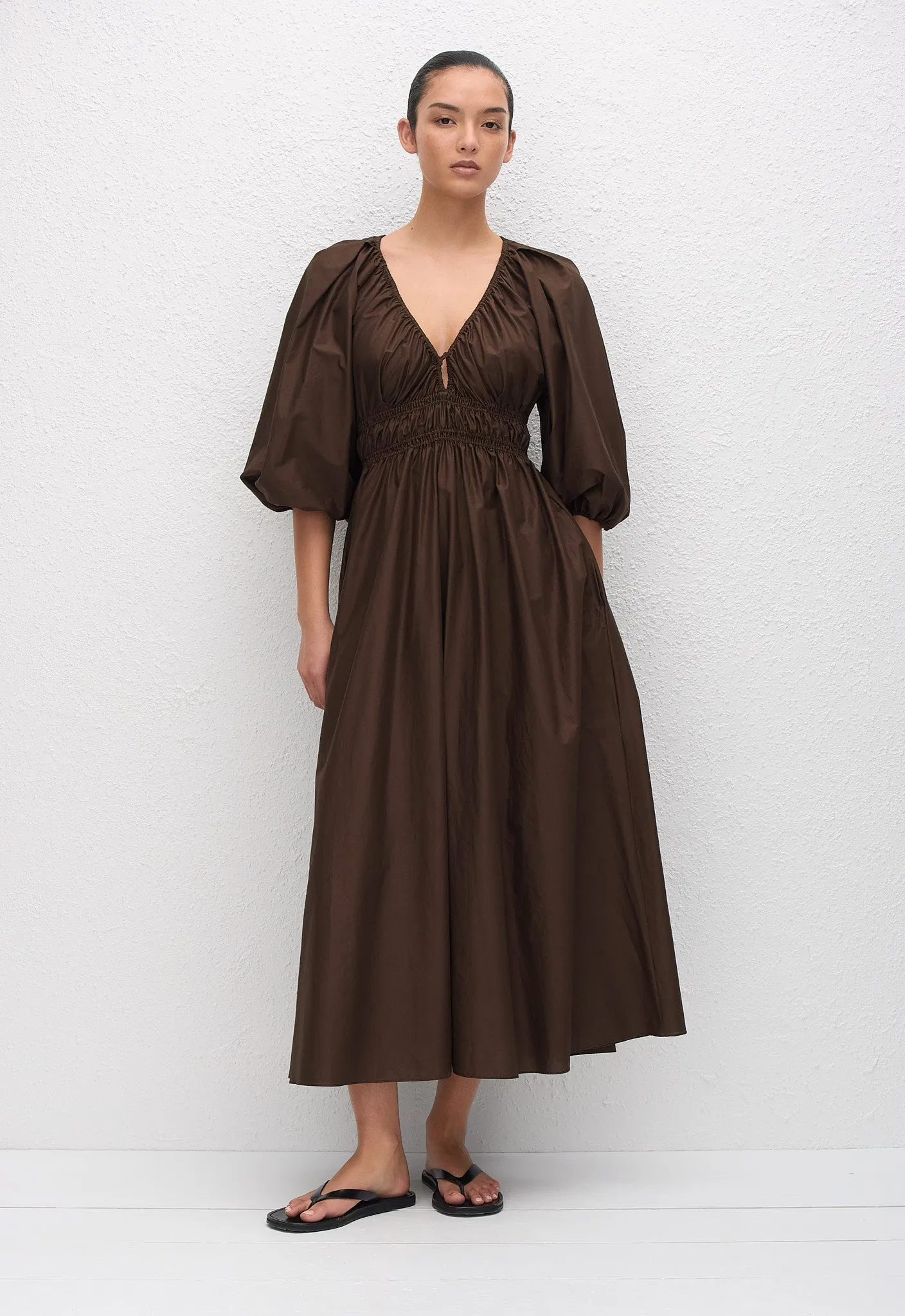 Shirred Plunge Button Dress - Chocolate sold by Matteau