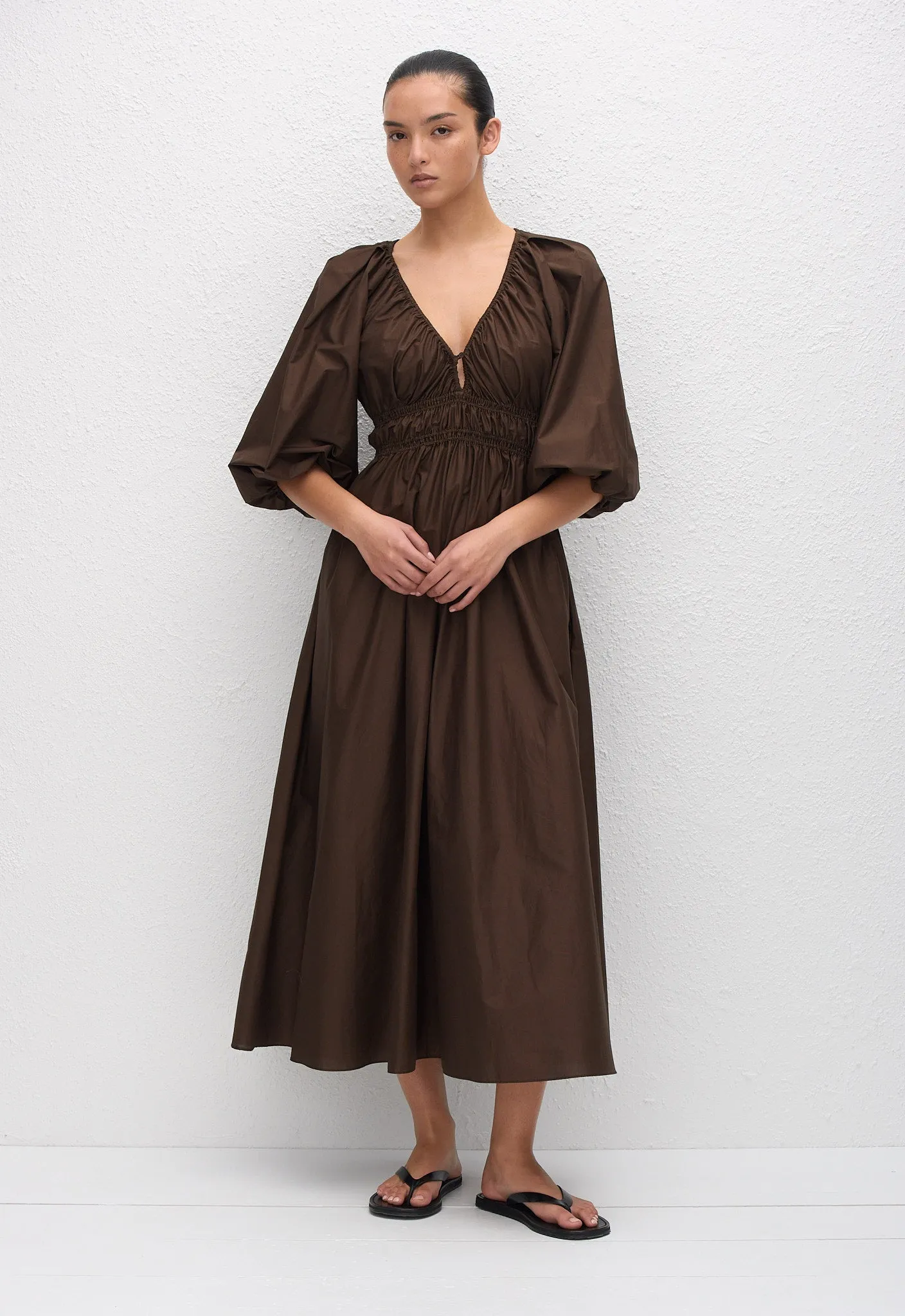 Shirred Plunge Button Dress - Chocolate sold by Matteau product image thumbnail 2