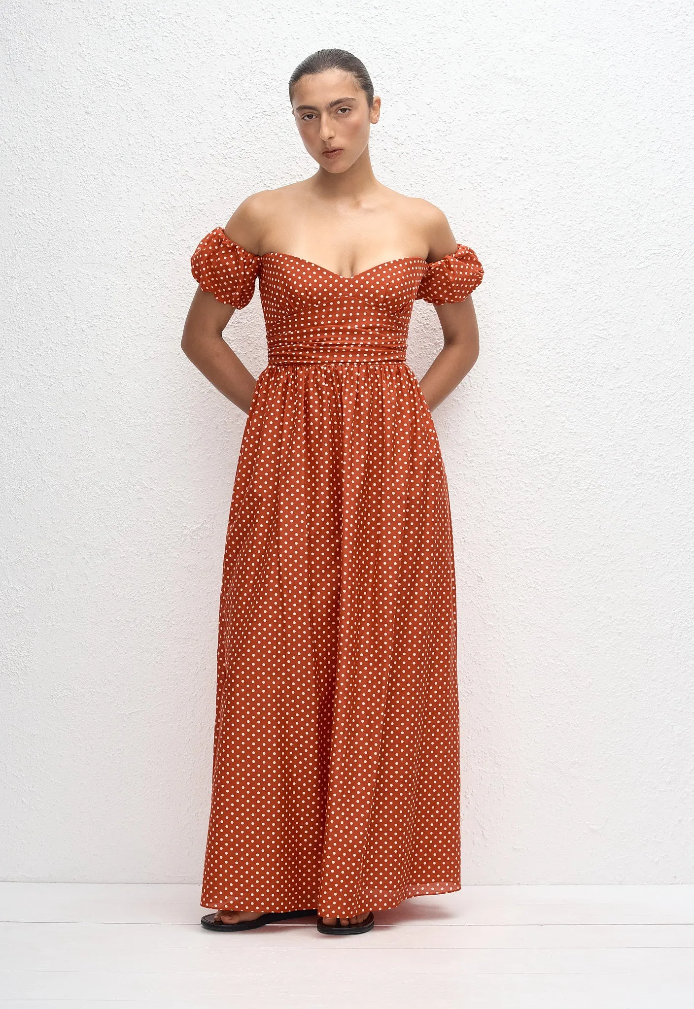 Off Shoulder Midi Dress - Polka Dot (Tomato) sold by Matteau