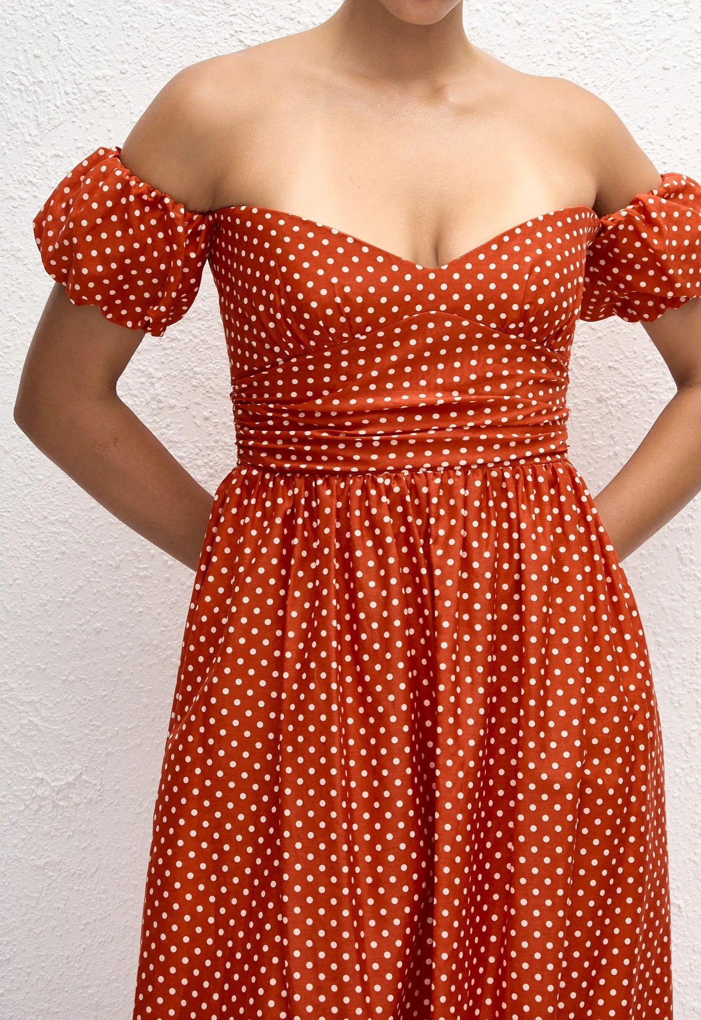 Off Shoulder Midi Dress - Polka Dot (Tomato) sold by Matteau product image thumbnail 2