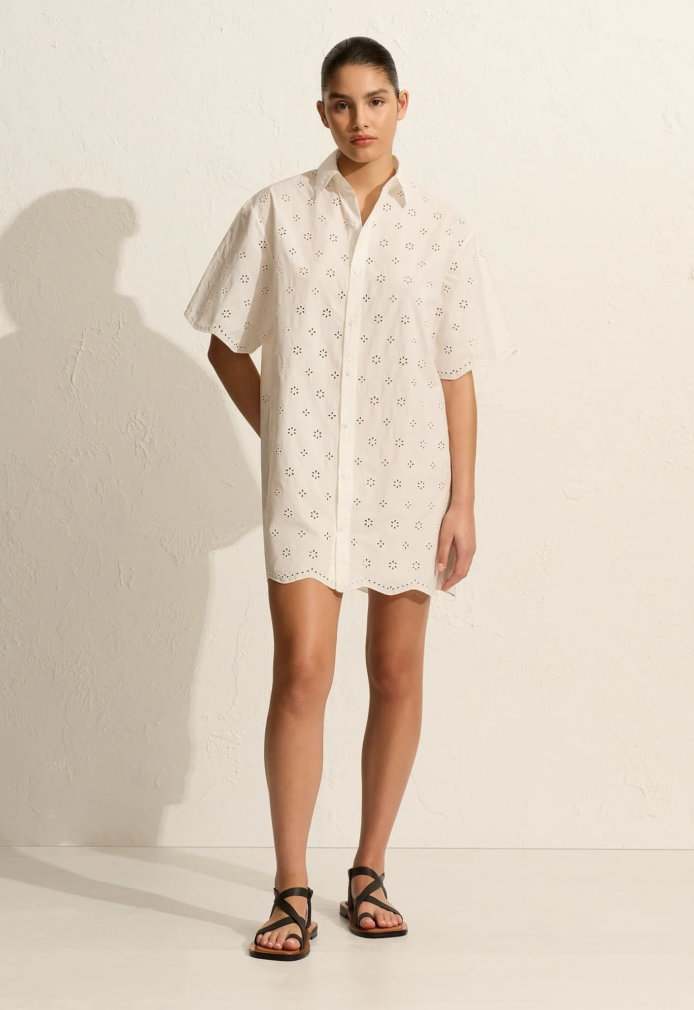 Broderie Mini Shirt Dress - Floral Broderie (White) sold by Matteau