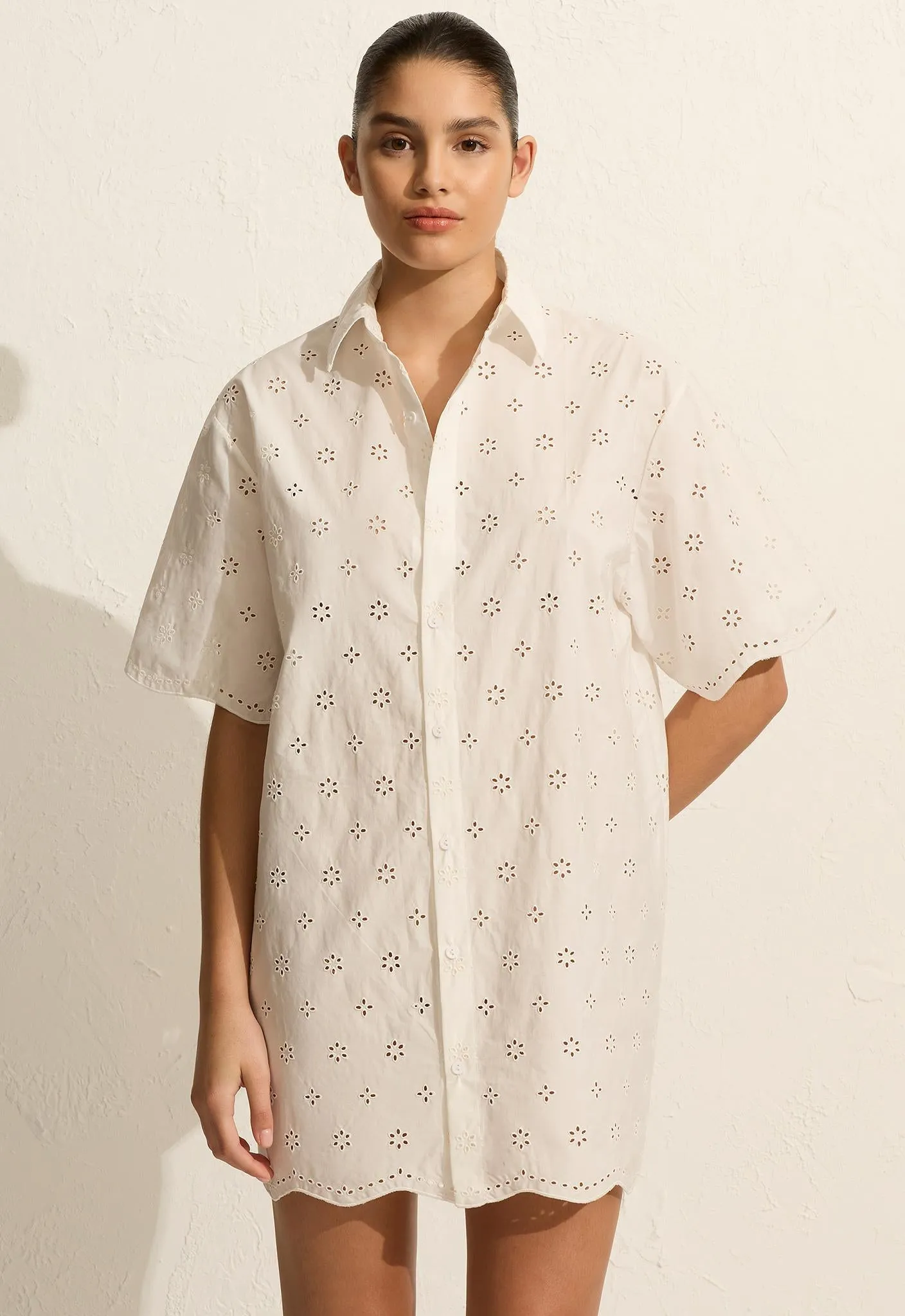 Broderie Mini Shirt Dress - Floral Broderie (White) sold by Matteau product image thumbnail 2