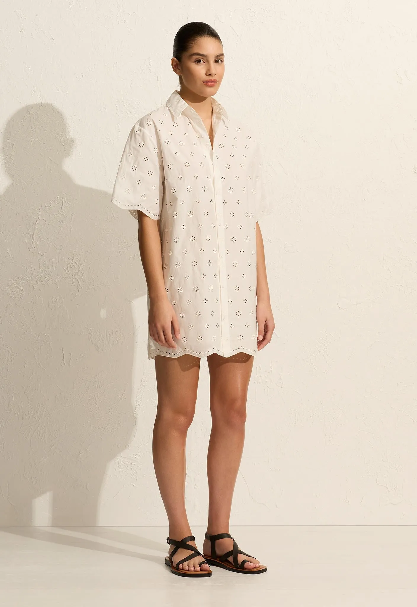 Broderie Mini Shirt Dress - Floral Broderie (White) sold by Matteau product image thumbnail 3