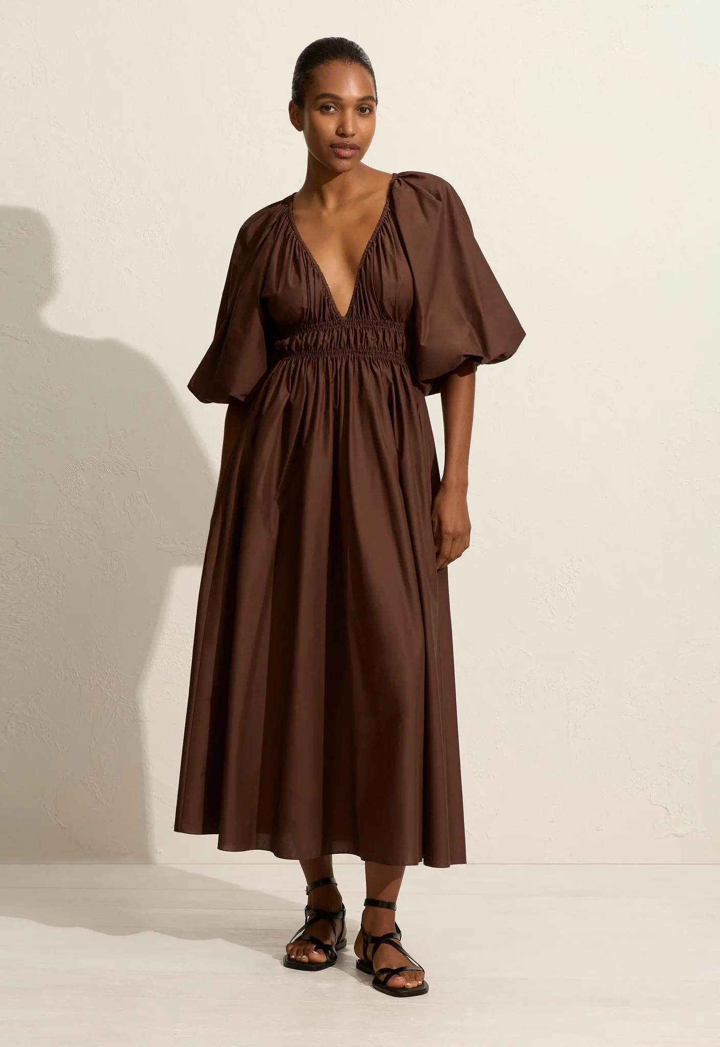 Shirred Plunge Dress - Sable sold by Matteau
