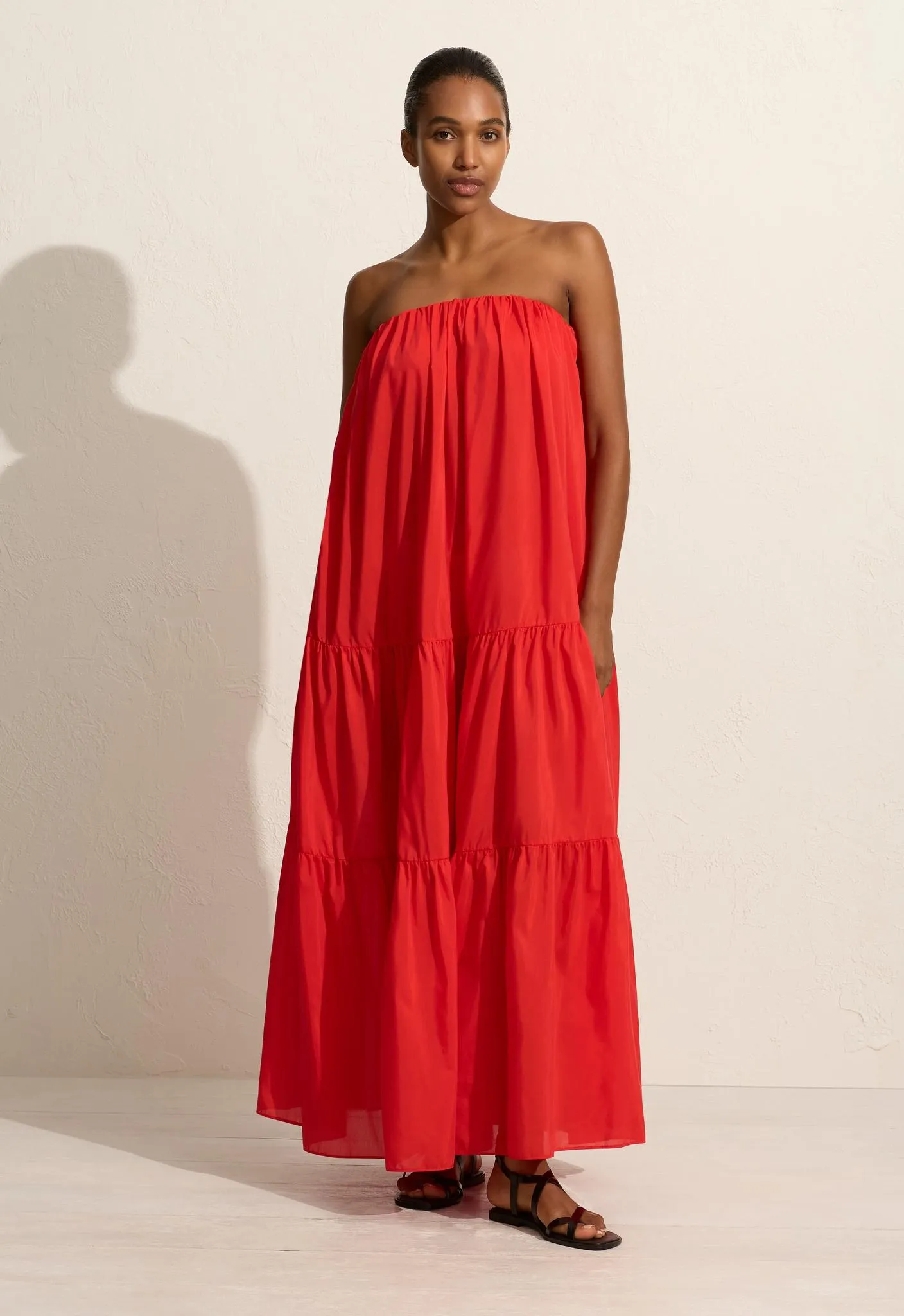 Voluminous Strapless Tiered Dress - Rosso sold by Matteau