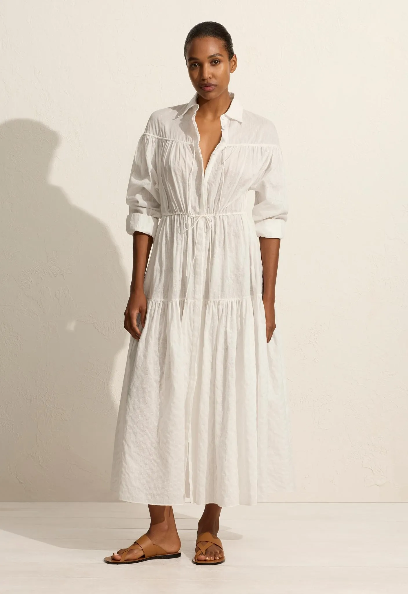 Embroidered Tiered Drawcord Dress - White sold by Matteau