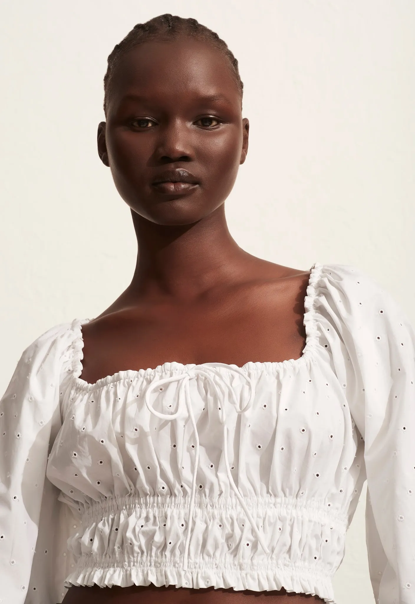 The Broderie Shirred Decolette Blouse - White sold by Matteau