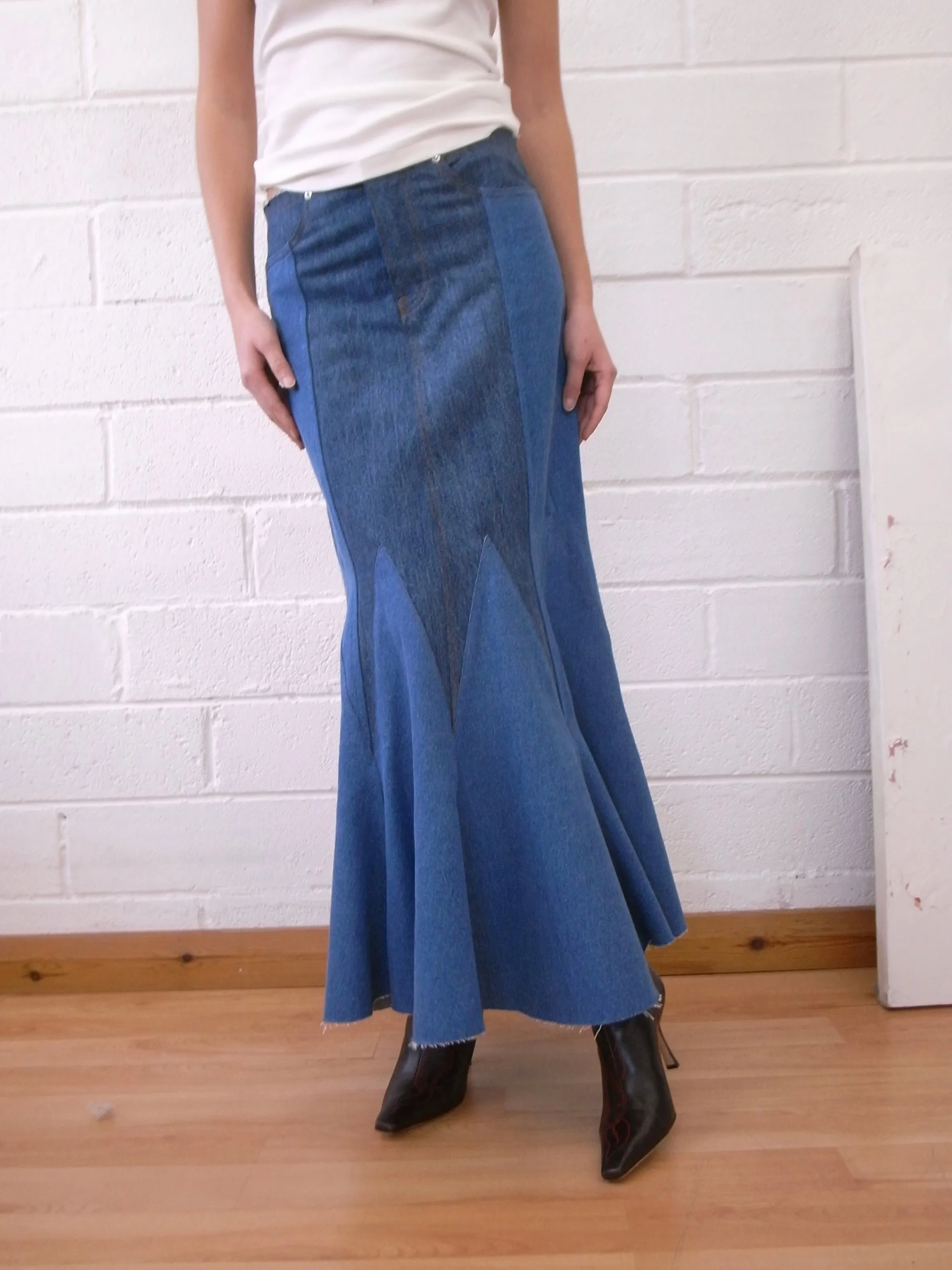 The Reconstituted Denim Godet Maxi Skirt sold by Conner Ives product image thumbnail 3