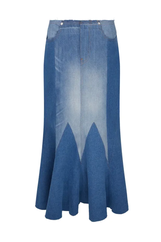 The Reconstituted Denim Godet Maxi Skirt sold by Conner Ives