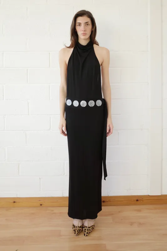 Jersey Halter Maxi dress with Mother of Pearl Paillete Sash Belt sold by Conner Ives
