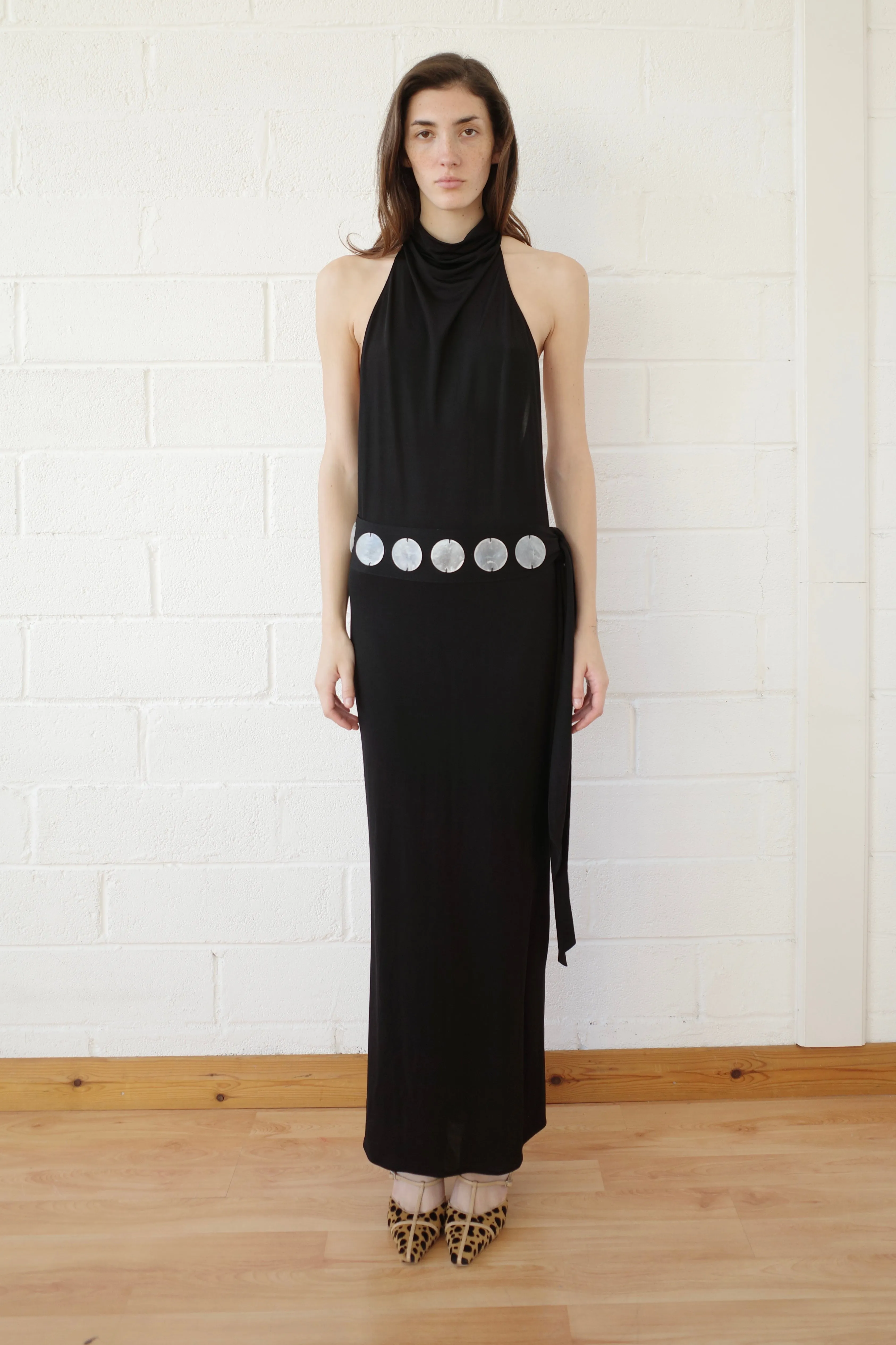 The Jersey Halter Maxi dress with Mother of Pearl Paillete Sash Belt sold by Conner Ives