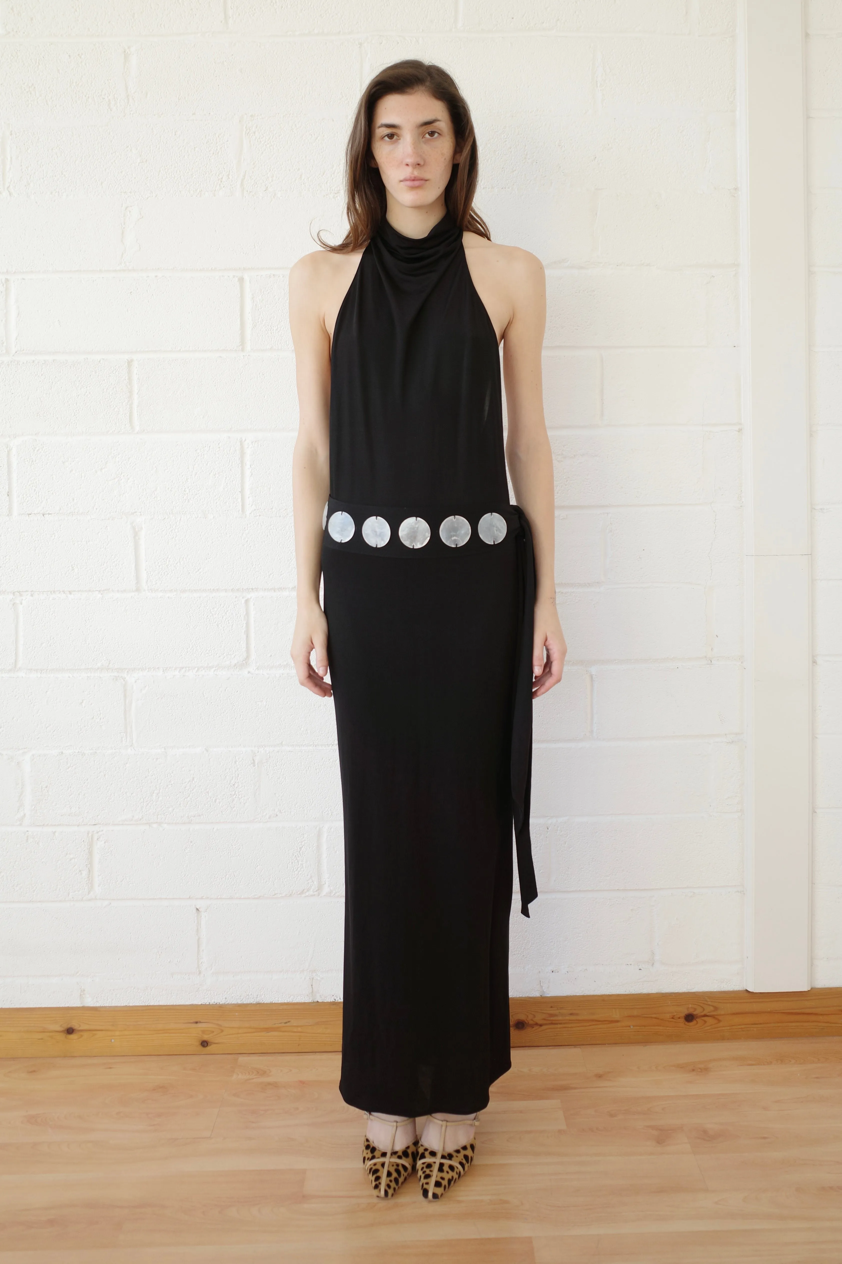 The Jersey Halter Maxi dress with Mother of Pearl Paillete Sash Belt sold by Conner Ives product image thumbnail 2