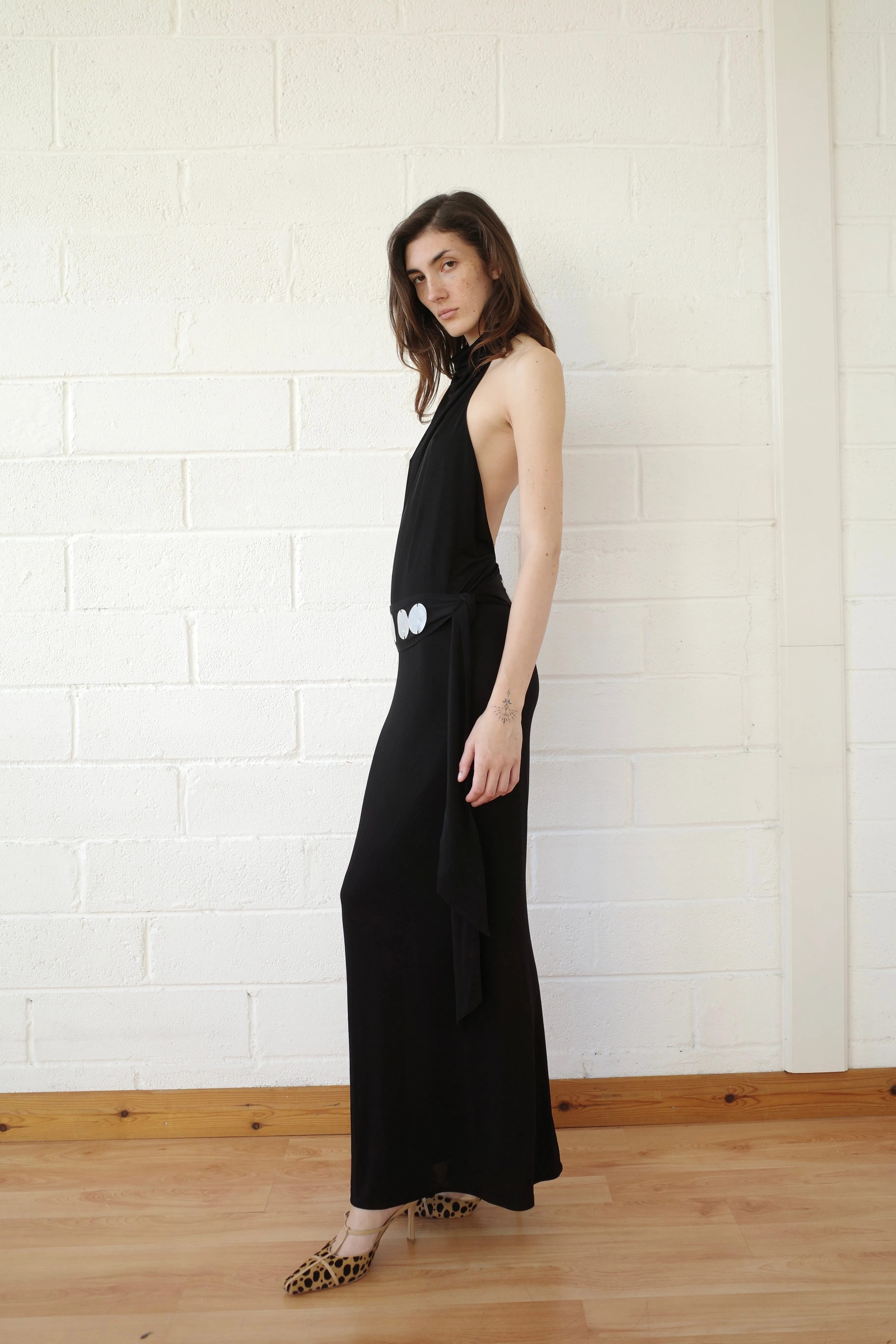 The Jersey Halter Maxi dress with Mother of Pearl Paillete Sash Belt sold by Conner Ives product image thumbnail 3