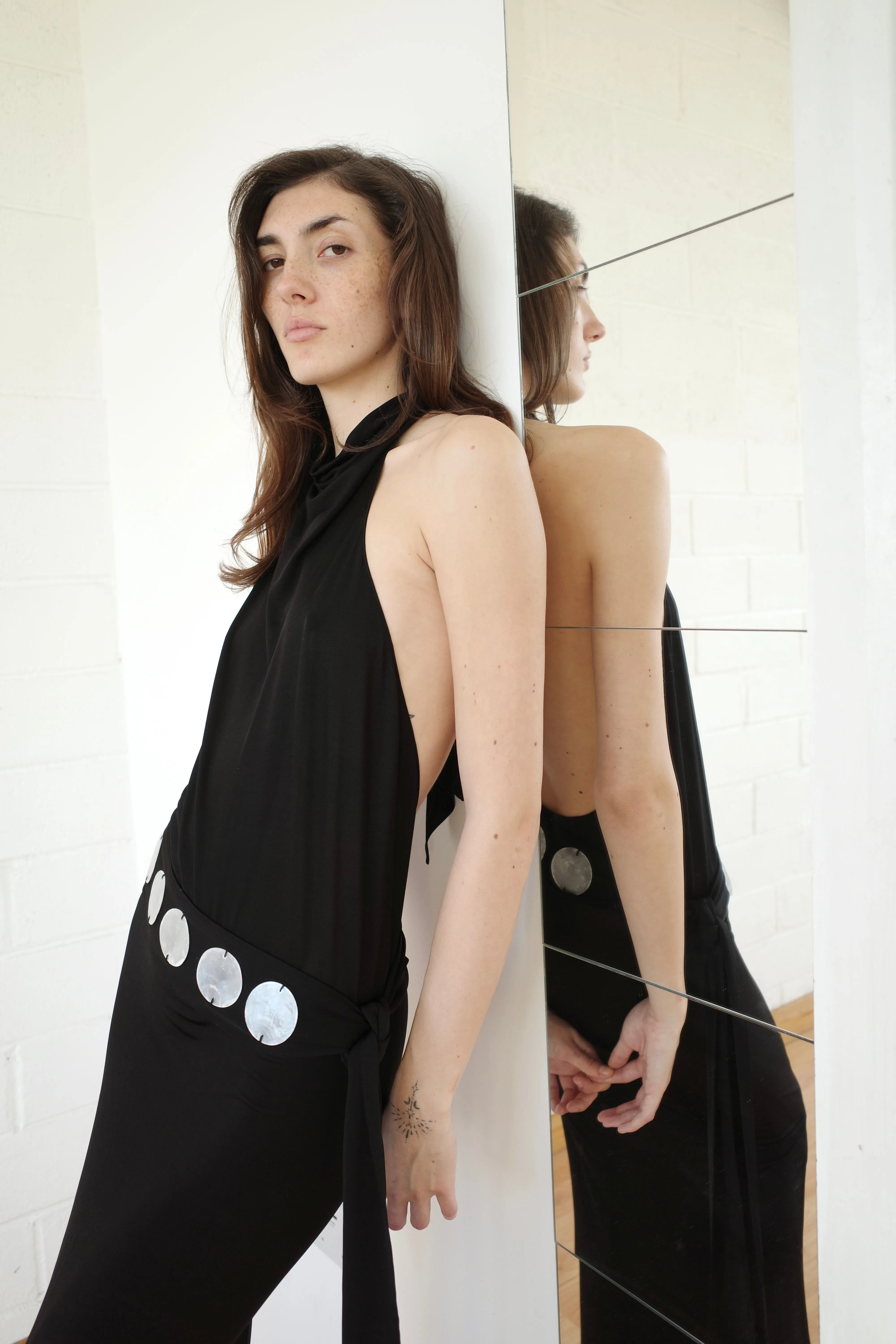 The Jersey Halter Maxi dress with Mother of Pearl Paillete Sash Belt sold by Conner Ives product image thumbnail 4