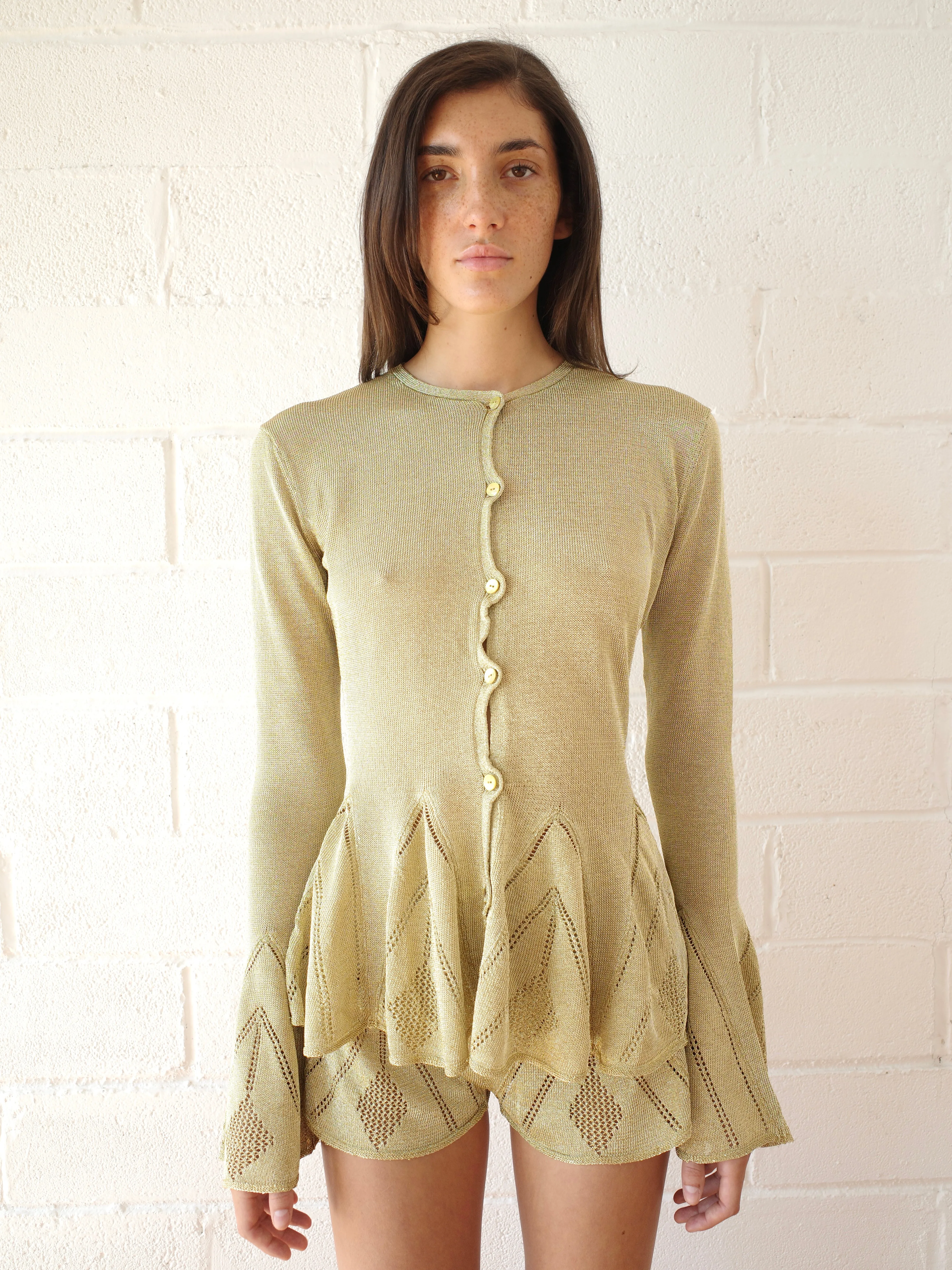 The Knit Pointelle Godet Cardigan - Gold sold by Conner Ives product image thumbnail 3