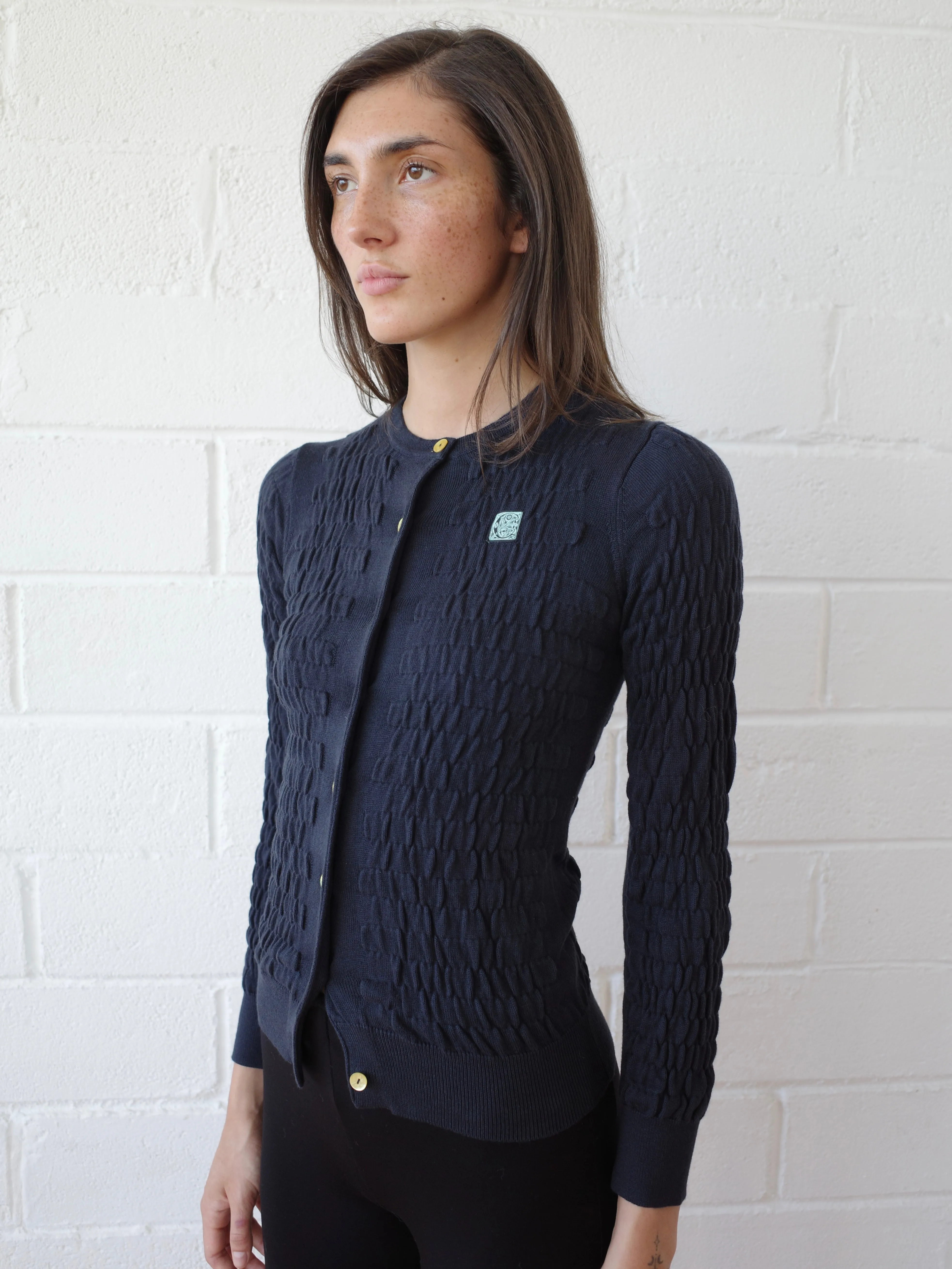 The Shirred Knit Cashmere Cardigan - Navy sold by Conner Ives product image thumbnail 4