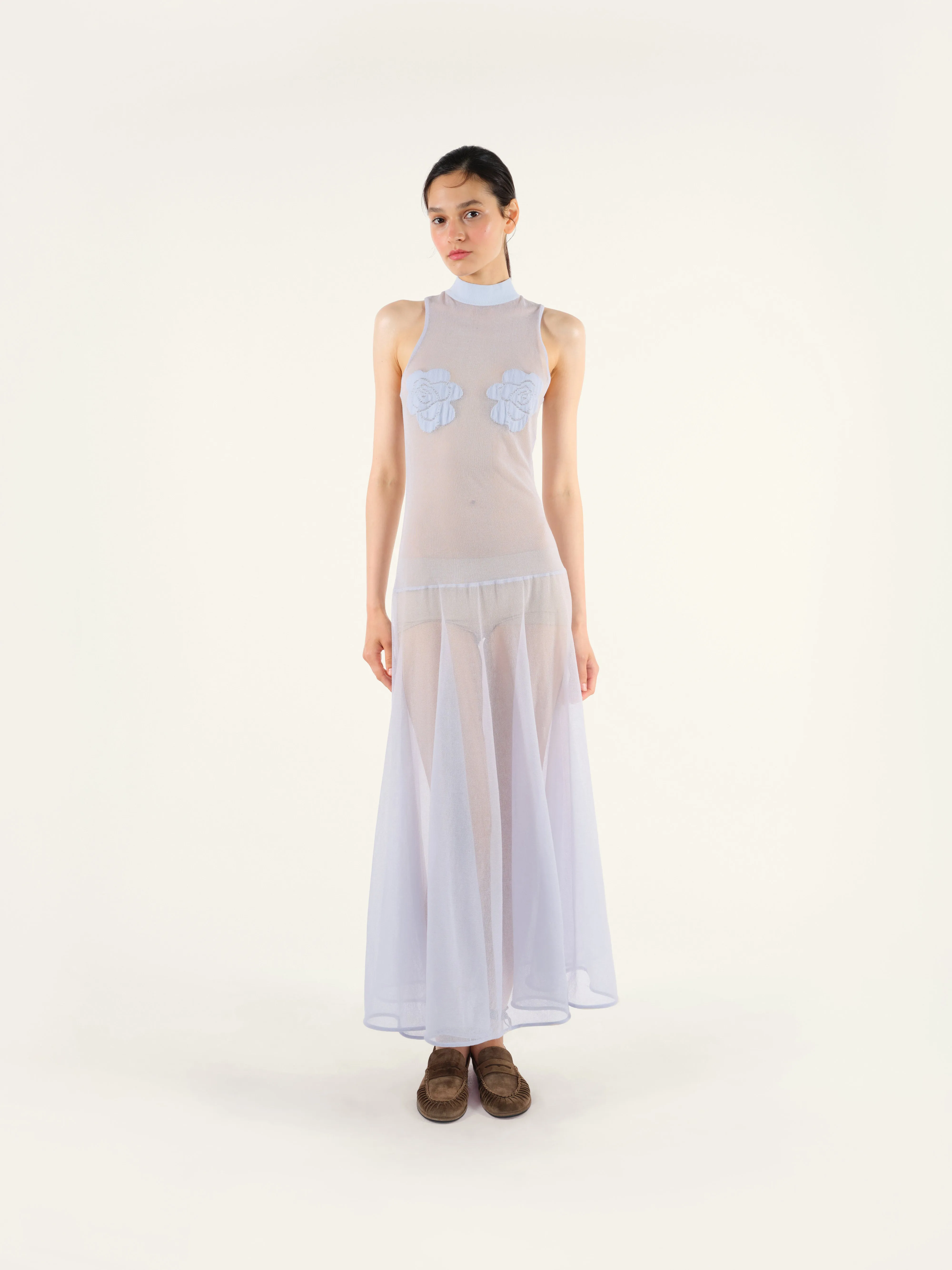 SINA - Mock neck jacquard flower detailed sheer knit dress sold by Siedres