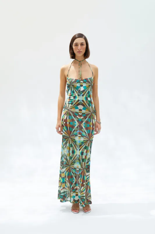NENSI - Kaleidoscope printed open-back dress sold by Siedres