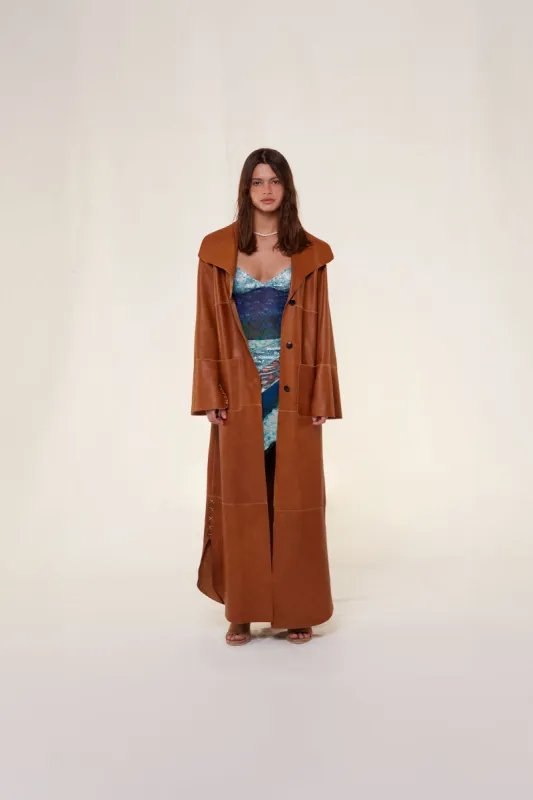 JENNI - Leather-trimmed maxi coat sold by Siedres