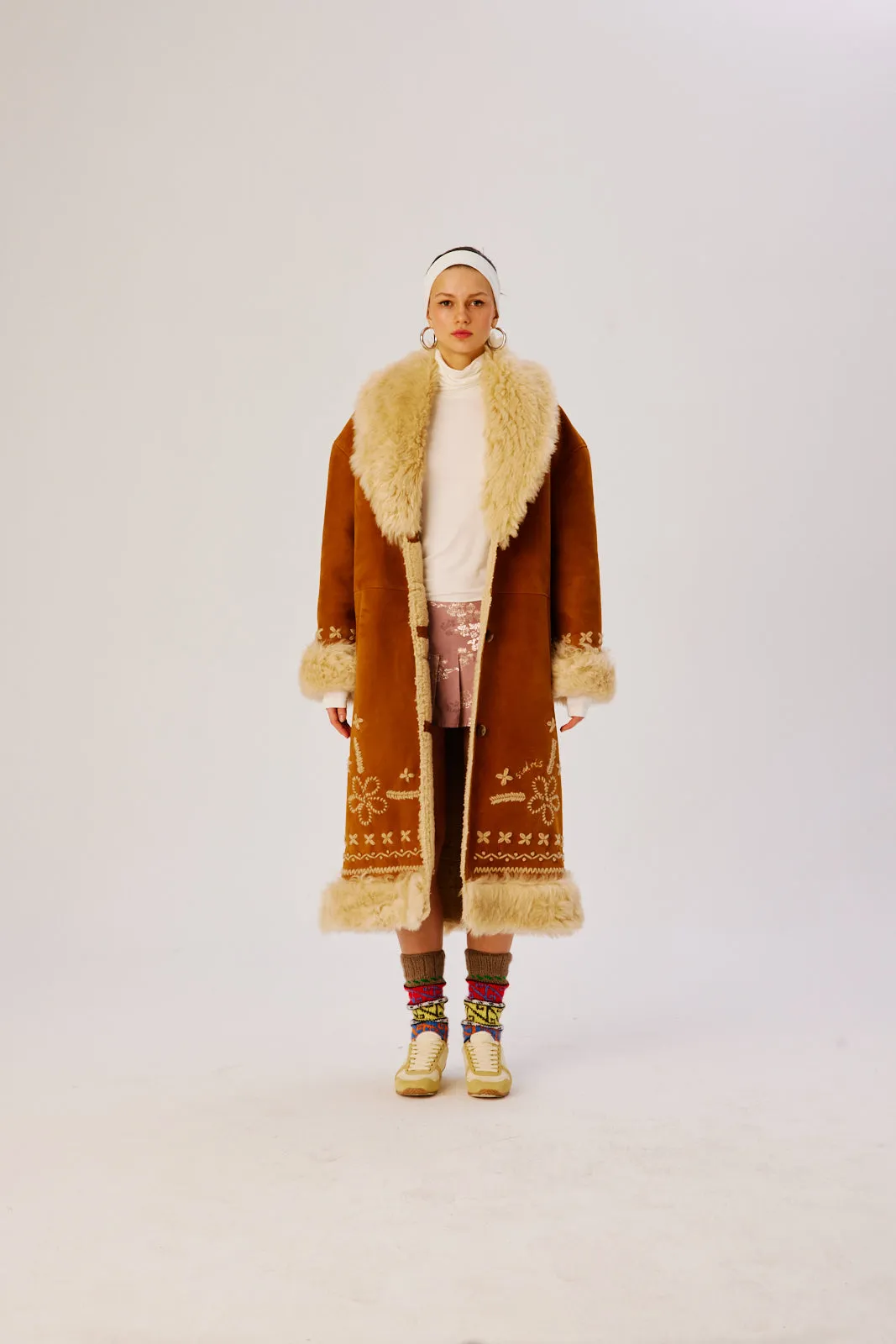 KENY - Embroidered shearling trimmed coat sold by Siedres