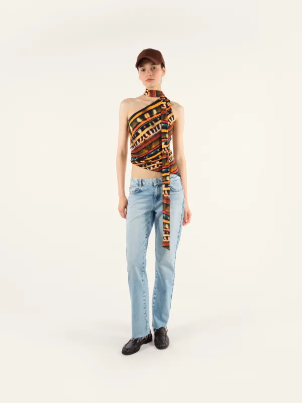 LEND - One shoulder printed top with necktie sold by Siedres