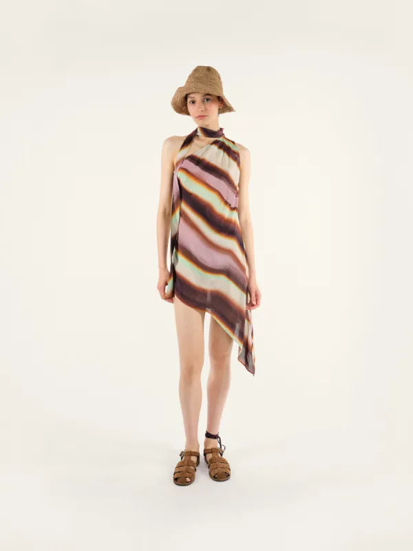 DILY - One shoulder asymmetric printed dress with necktie sold by Siedres