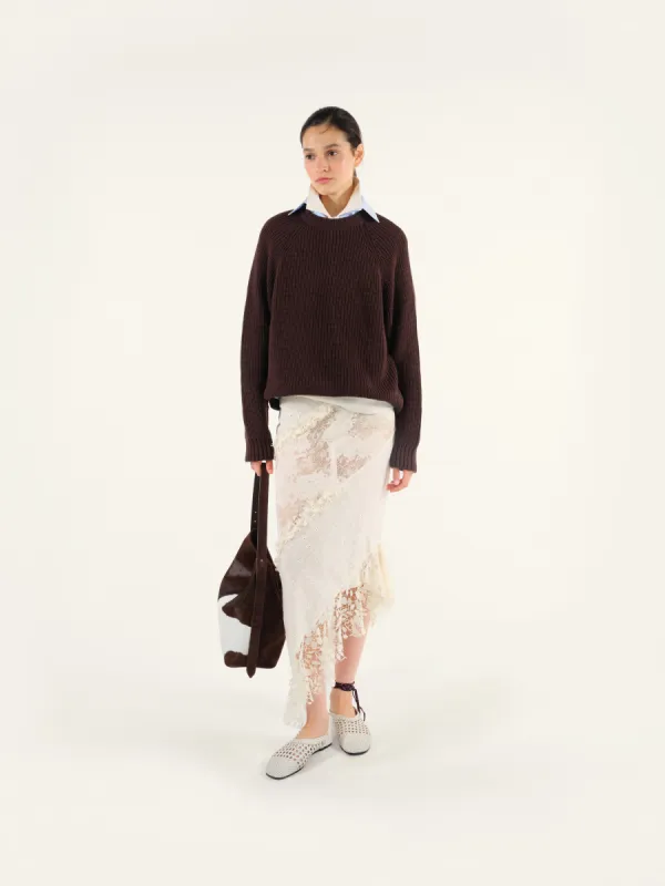 AYER - Panelled lace and ruffled asymmetric midi skirt sold by Siedres
