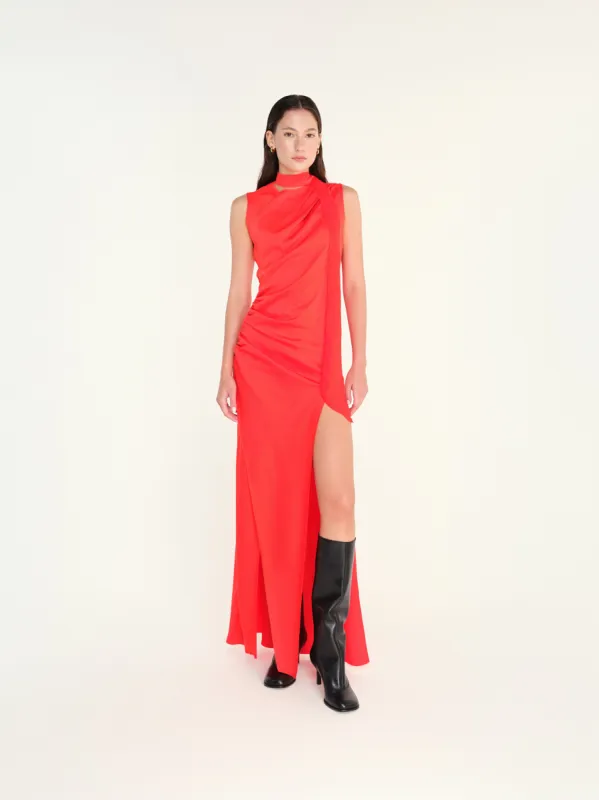 NARAH - Scarf and fray detailed draped satin maxi dress sold by Siedres