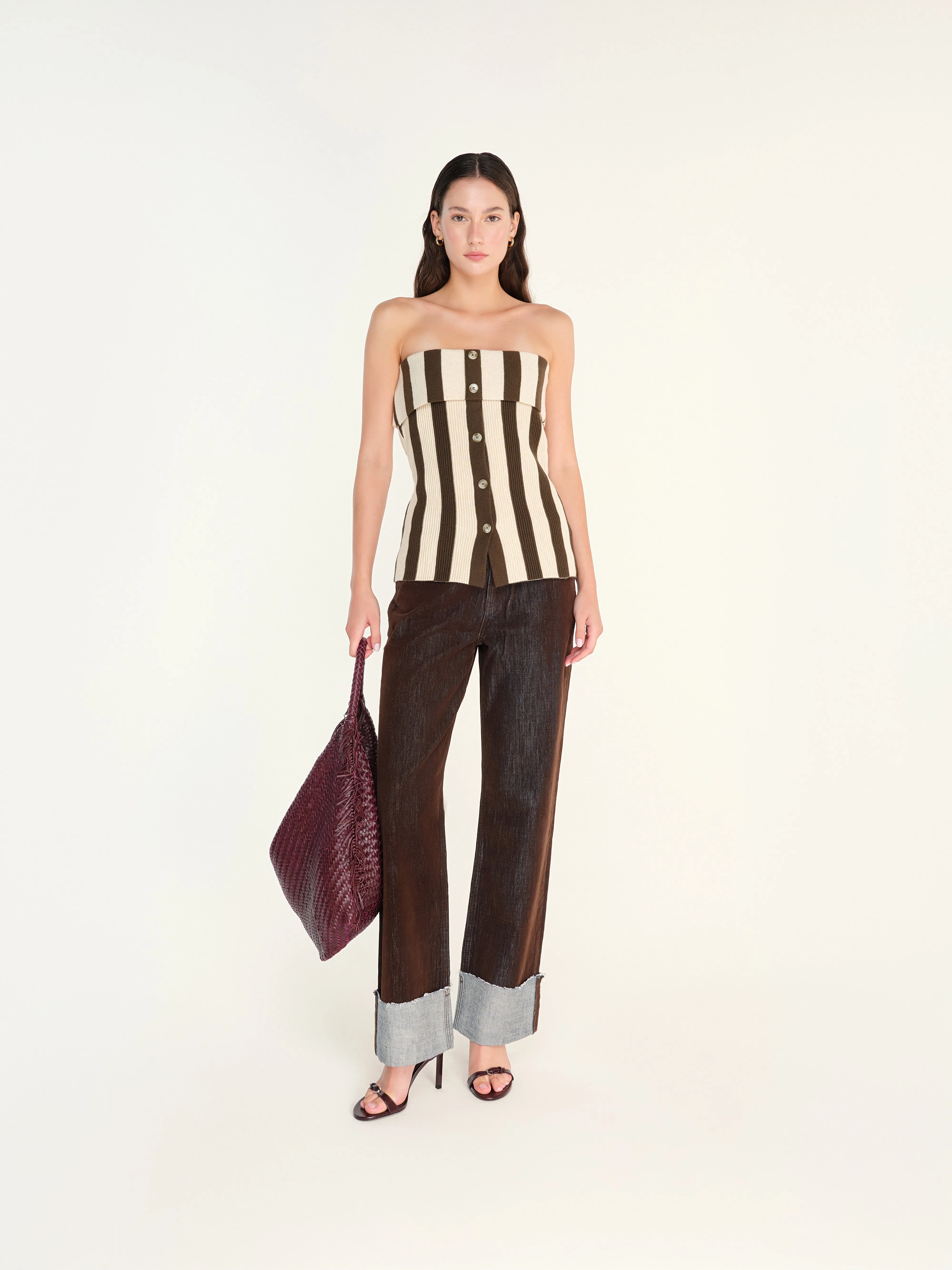 VASIA - Strapless button down ribbed knit top sold by Siedres