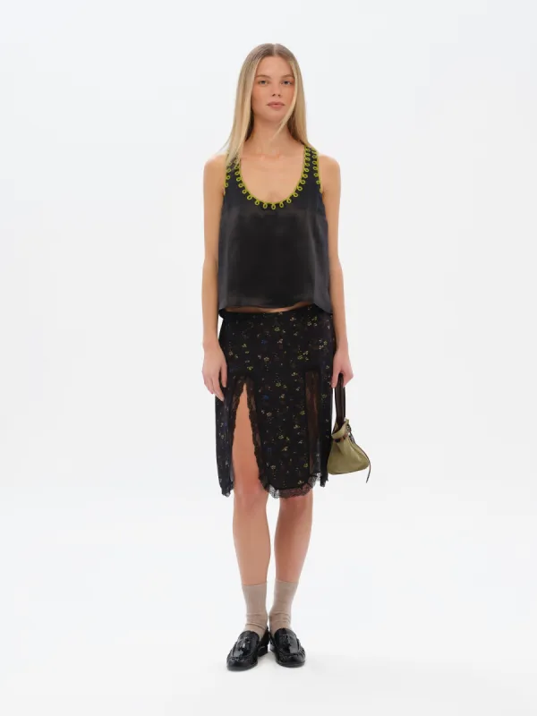 KAEN - Floral-print lace trimmed skirt with front slits sold by Siedres