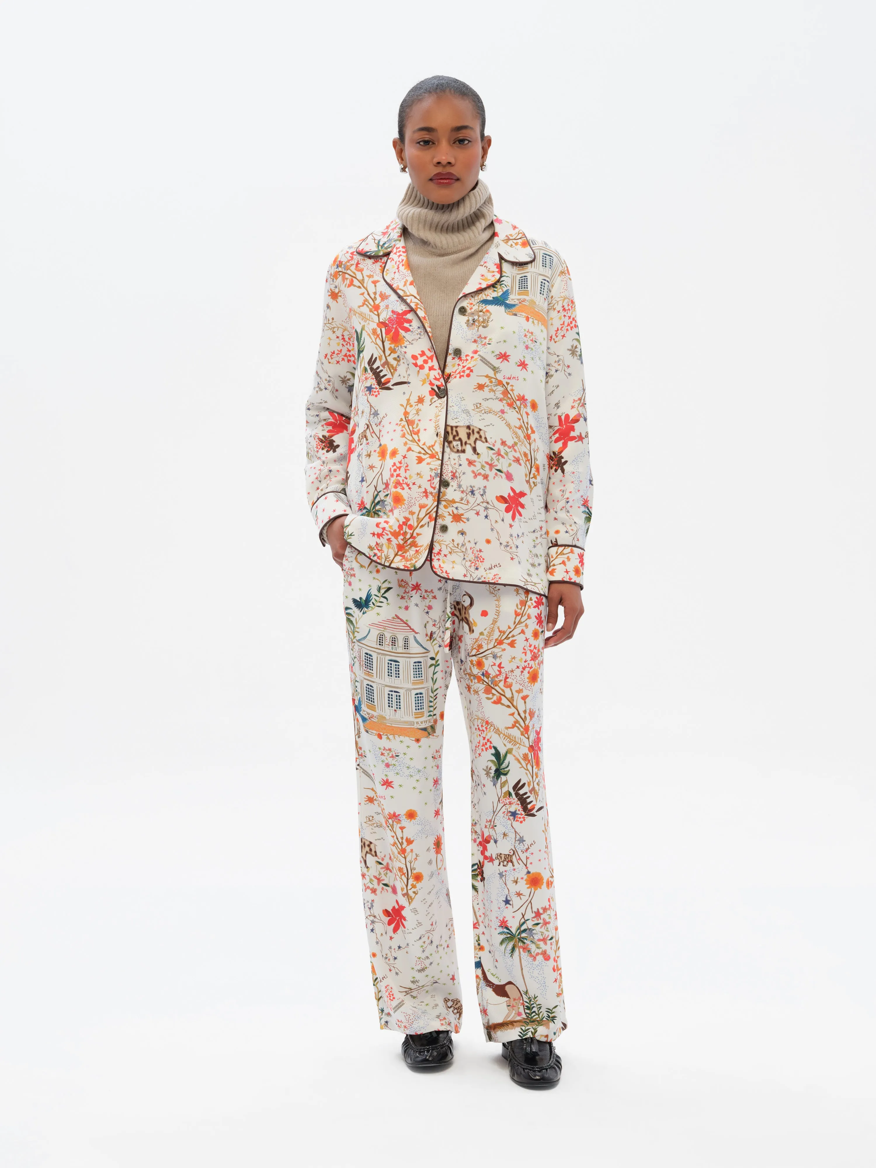 NEDI - Maison print straight-leg drawstring pants sold by Siedres