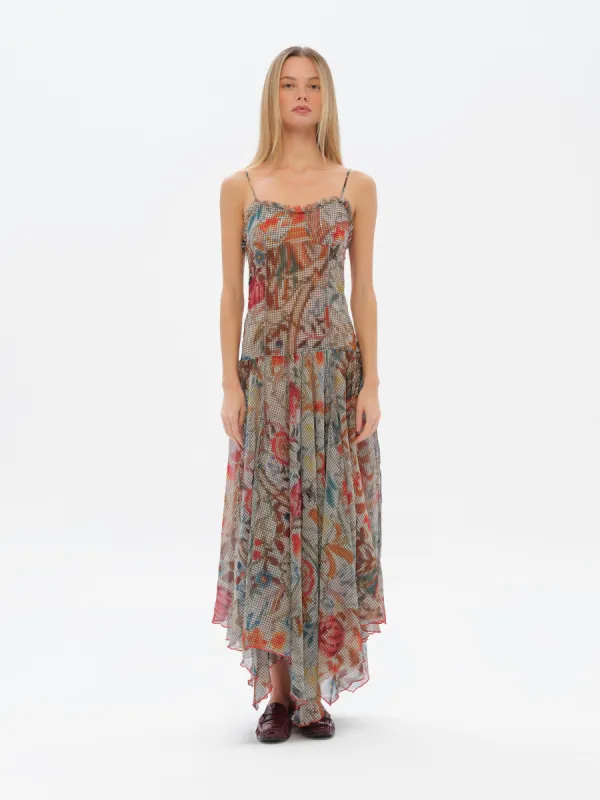 LUCIEN - Floral-print ruffle detailed midi dress with asymmetric hemline sold by Siedres