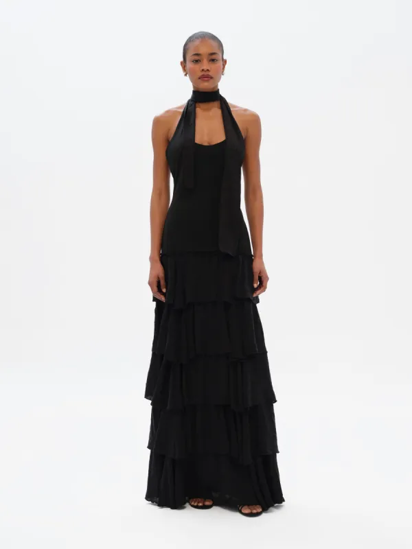 SEPHIAS - Open-back halterneck ruffled maxi dress sold by Siedres