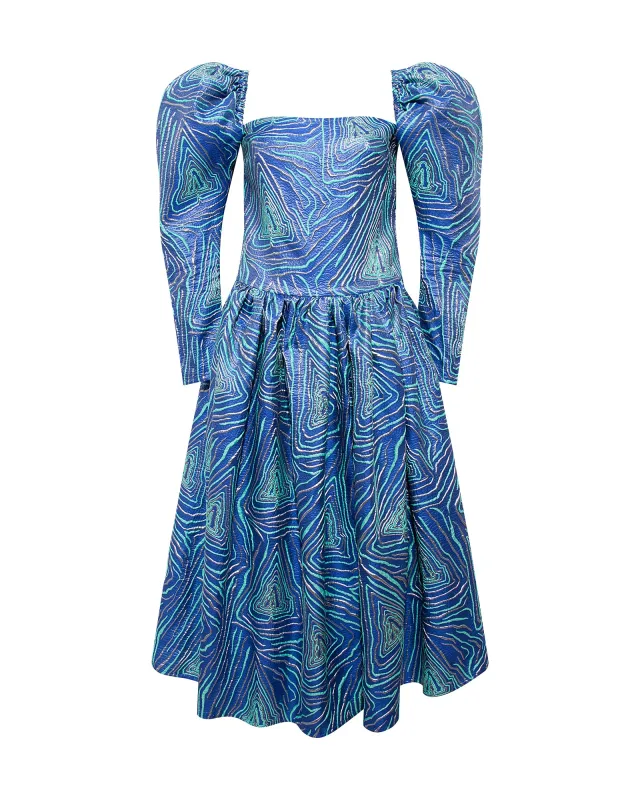 LIAM - Balloon sleeve blue jacquard midi dress sold by Siedres