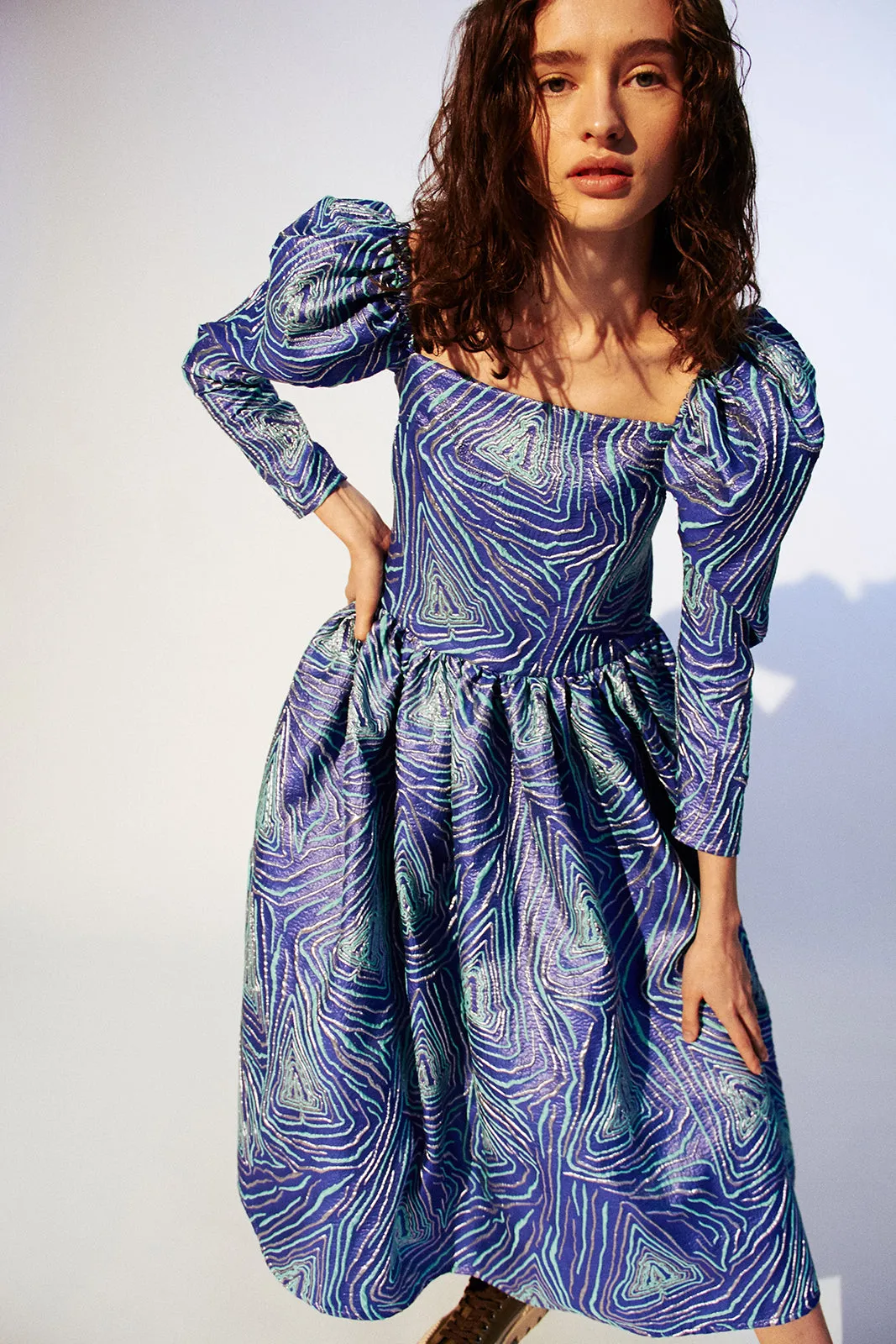 LIAM - Balloon sleeve blue jacquard midi dress sold by Siedres product image thumbnail 3