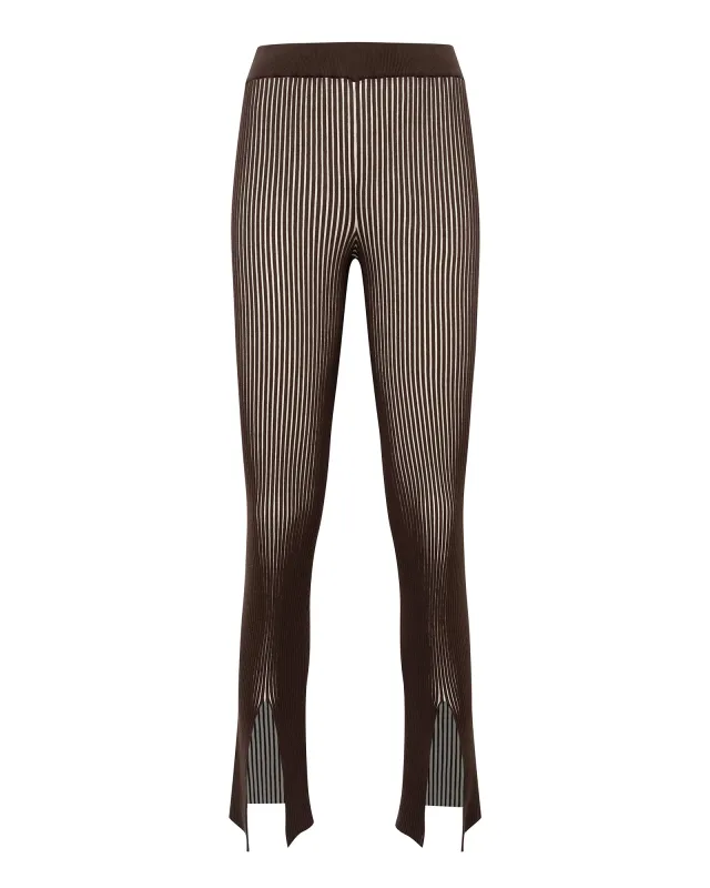 TEO - Two-toned ribbed knit pants with front slit in brown sold by Siedres