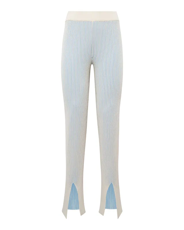 TEO - Two-toned ribbed knit pants with front slit in blue sold by Siedres