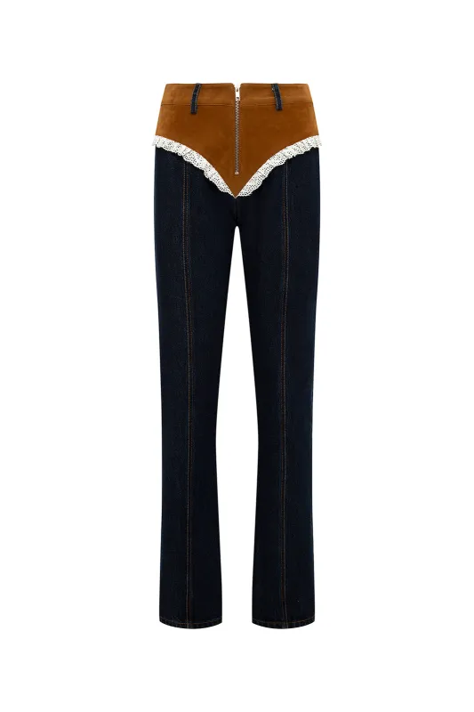 JESSI - Color-block jeans with ruffle detail sold by Siedres