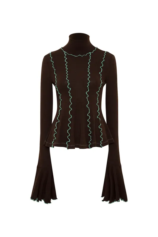 RENTI - Contrast stitch detailed fluted sleeve top sold by Siedres