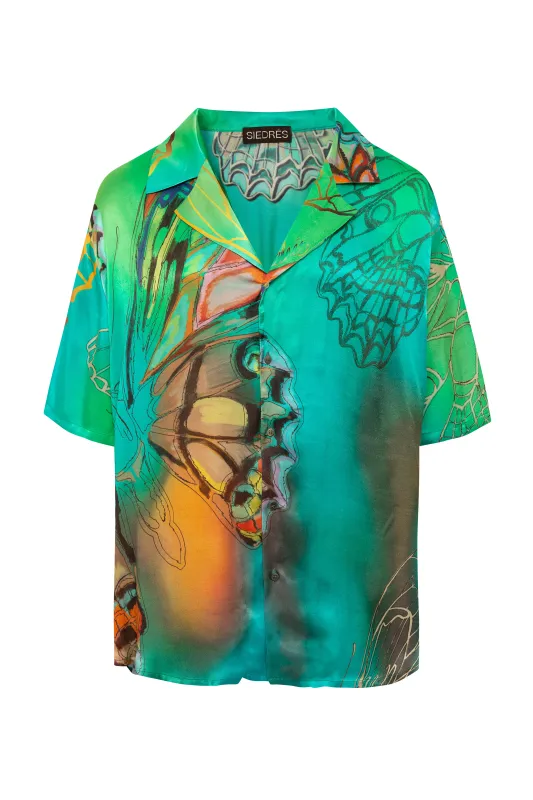 COLTON - Resort collar printed short sleeve satin shirt sold by Siedres