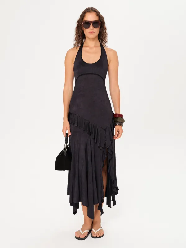 LUNN - Halterneck ruffled midi dress with front slit sold by Siedres
