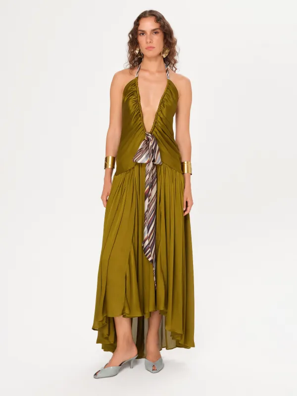 LIESSA - Deep V-neck midi dress with printed tie sold by Siedres