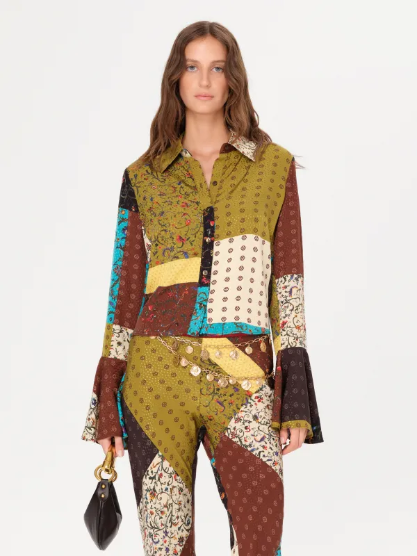 MORA - Patchwork-printed fluted sleeve cropped shirt sold by Siedres